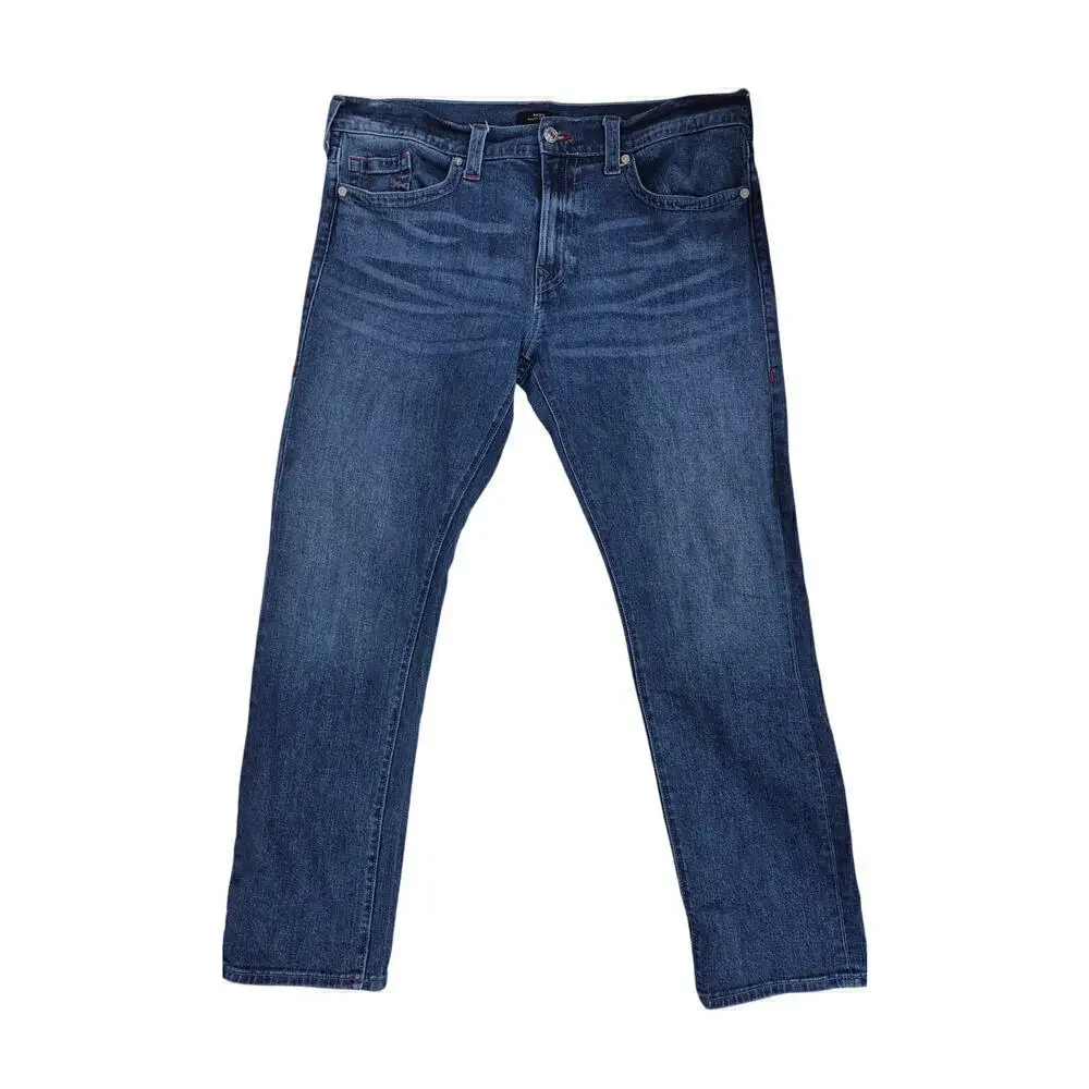 True Religion Ricky Relaxed Straight Blue Jeans Red Stitch Sz 40x33